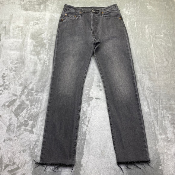 Levi's Denim - Levi's 501 Grey Wash‎ Button Fly Straight Leg Distressed Hem Jeans Sz 27 Grunge
